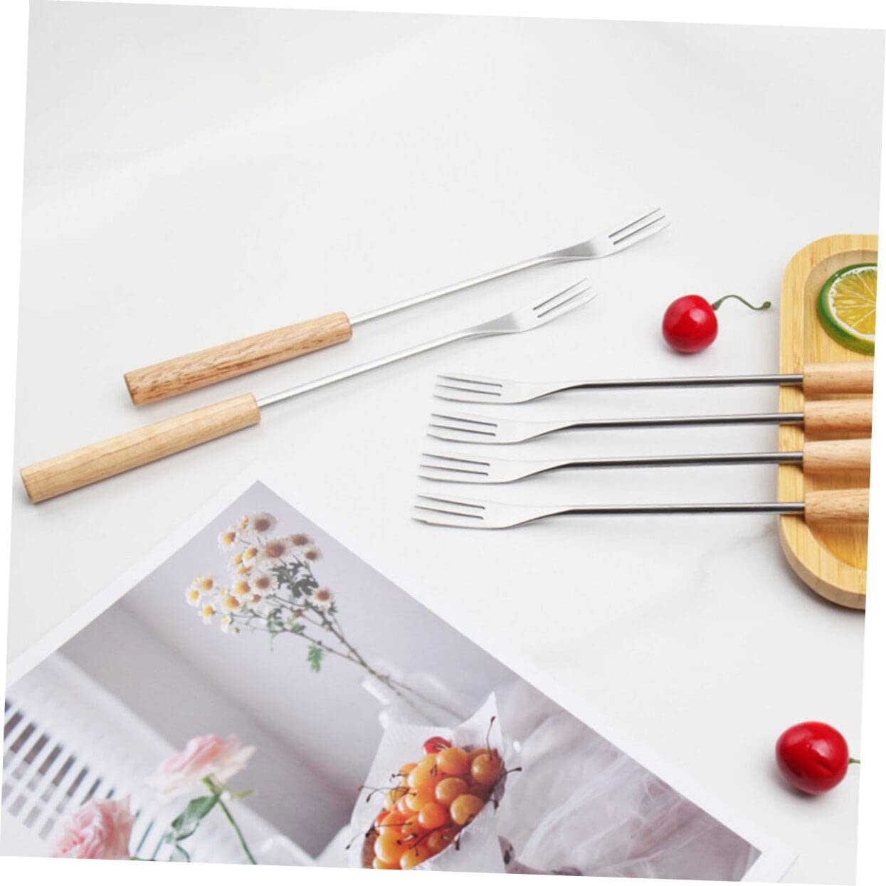 Premium 12-Piece Fondue Fork Set with Long Wooden Handles & Stainless Steel Tips - Perfect for Chocolate Dipping, Fruit Skewers, Cheese Parties and Entertaining Guests