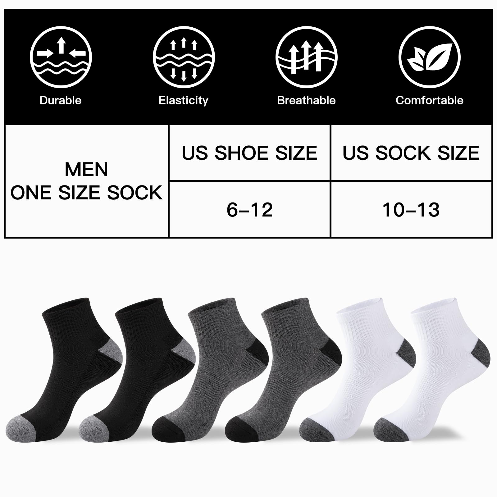 COOVAN 12 Pairs Men's Cushioned Ankle Socks - 12 Pack Low Cut Breathable Comfort Socks for Casual Wear, Running & Daily Use