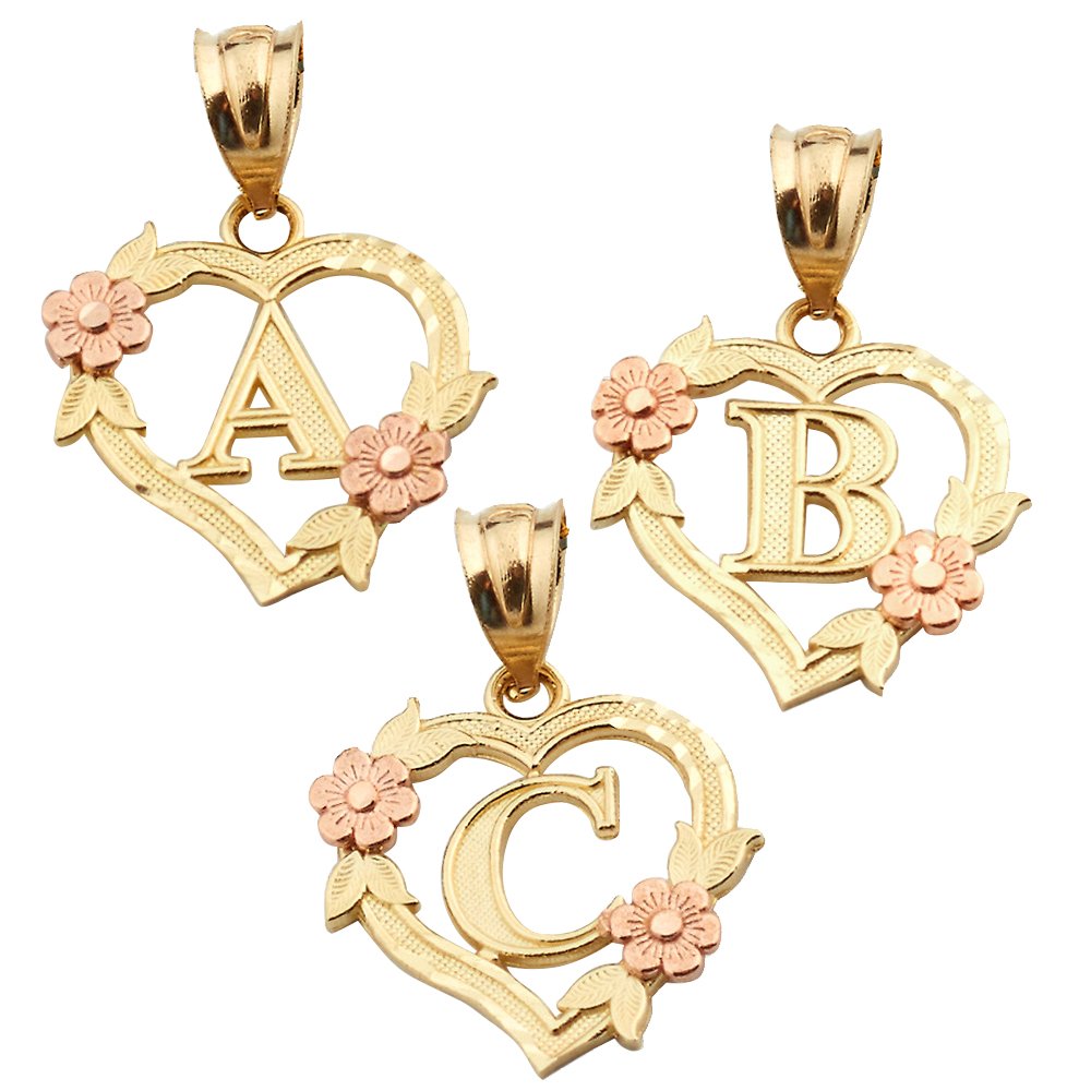 10K Yellow Gold Alphabet Initial Charm Necklace Pendant with Heart & Rose Border - Personalized Jewelry Gift for Women, Birthday, Anniversary, Valentine's Day
