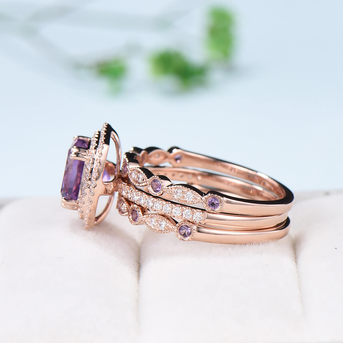 Amethyst Diamond Wedding Ring Set in Rose Gold - Vintage Double Halo Engagement Ring for Women, Anniversary Gift - Perfect for Bridal Jewelry, Wedding Bands & Special Occasions