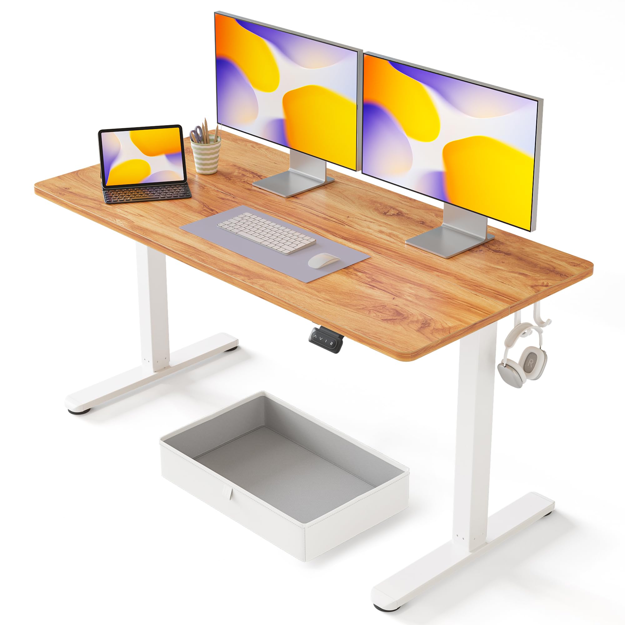 FEZIBO 55 x 24 Inches Electric Standing Desk with Drawer - Adjustable Height Ergonomic Computer Desk with Storage for Home Office | Sit Stand Workstation for Remote Work & Gaming (Light Rustic Finish)