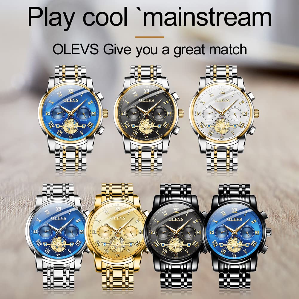 OLEVS Men's Stainless Steel Multifunction Watch - Waterproof Luminous Chronograph with Date Display, Classic Casual Dress Wristwatch for Business, Outdoor & Daily Wear