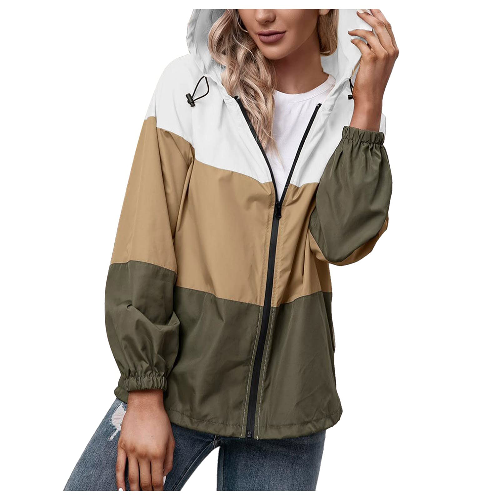 Hugeoxy Women's Lightweight Waterproof Hooded Windbreaker Jacket with Zip Up, Drawstring & Pockets - Perfect for Hiking, Running, Travel & Outdoor Activities