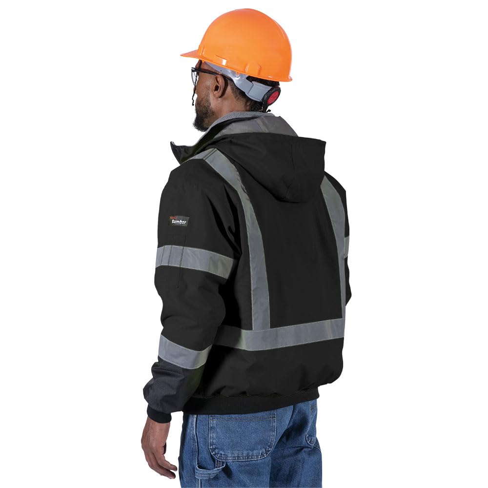 Pioneer Hi-Vis Waterproof Heated Safety Bomber Jacket for Men - Class 1 Winter Rain Gear with Reflective Tape & Detachable Hood - Ideal for Construction, Road Work & Outdoor Winter Activities