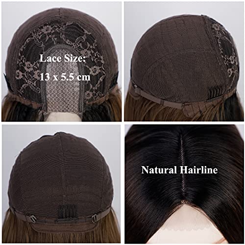 Long Straight Ombre Brown Wig with Middle Part - Natural Looking Synthetic Hair for Daily Wear & Cosplay