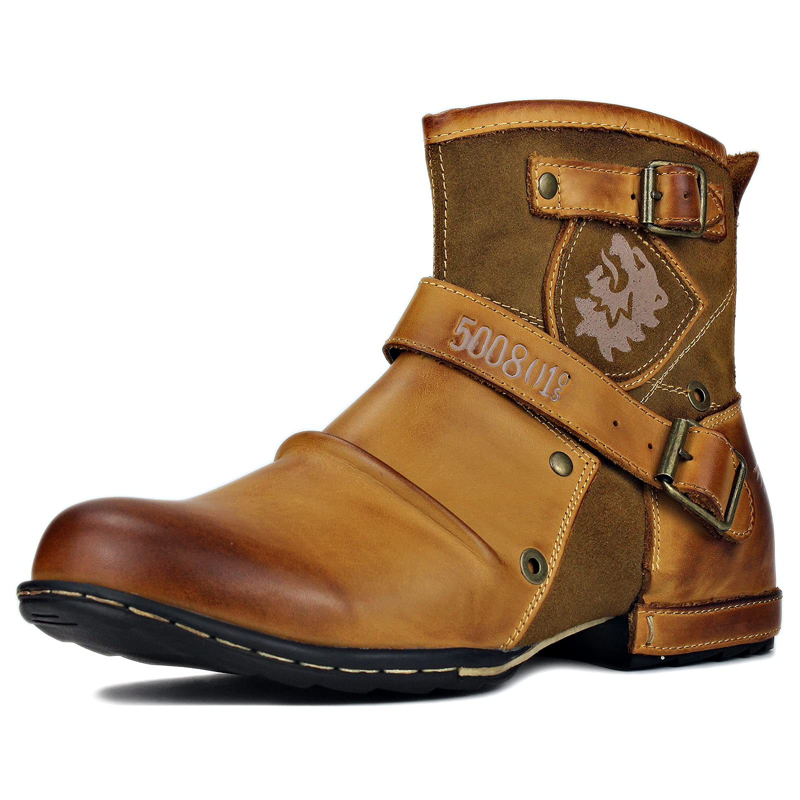 OSSTONE Women's Fashion Leather Moto Boots with Zipper - Casual Chukka Boots MS-5008-1-AB-US-R | Perfect for Motorcycle Riding, Streetwear & Everyday Outfits