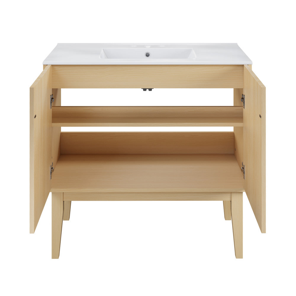 Bosse 36 Inch Freestanding Bathroom Vanity in Natural Oak with 3 Hole Widespread Sink Top - Modern Farmhouse Vanity for Bathroom Remodel & Home Upgrade