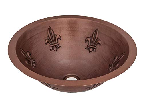 Copper Round Bathroom Sink with Fleur De Lis Design - Matte Finish for Vintage Style Bathroom Decor - Perfect for Farmhouse, Victorian, and French Country Style Homes