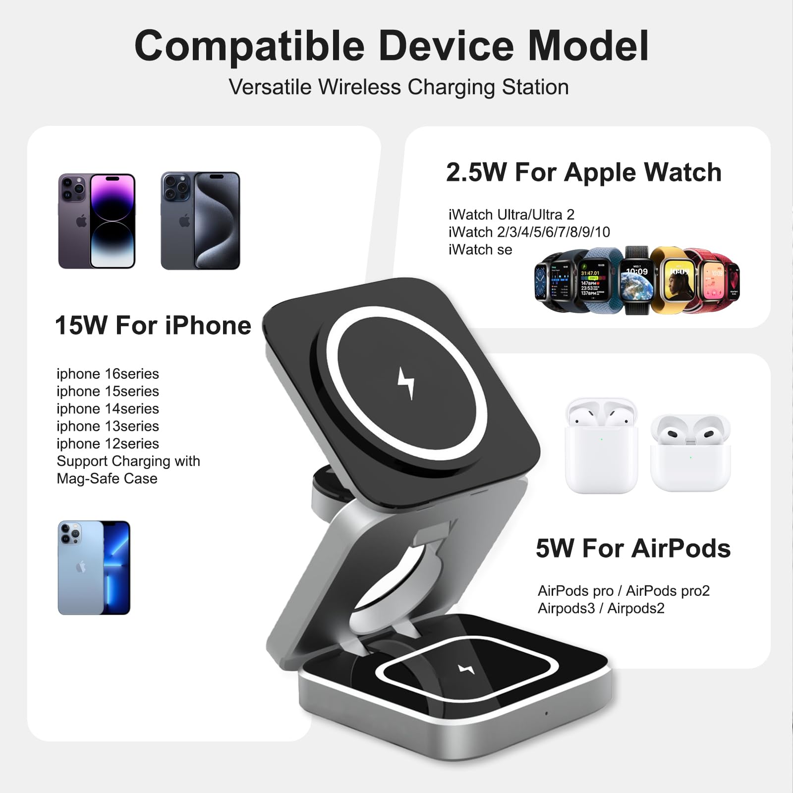 3-in-1 Foldable Wireless Charging Station for iPhone 16/15/14/13/12 Pro/Max/Plus, Apple Watch 10-1/SE/Ultra 2 & AirPods 4/3/2/Pro - Fast Travel Charger for Home, Office & Car