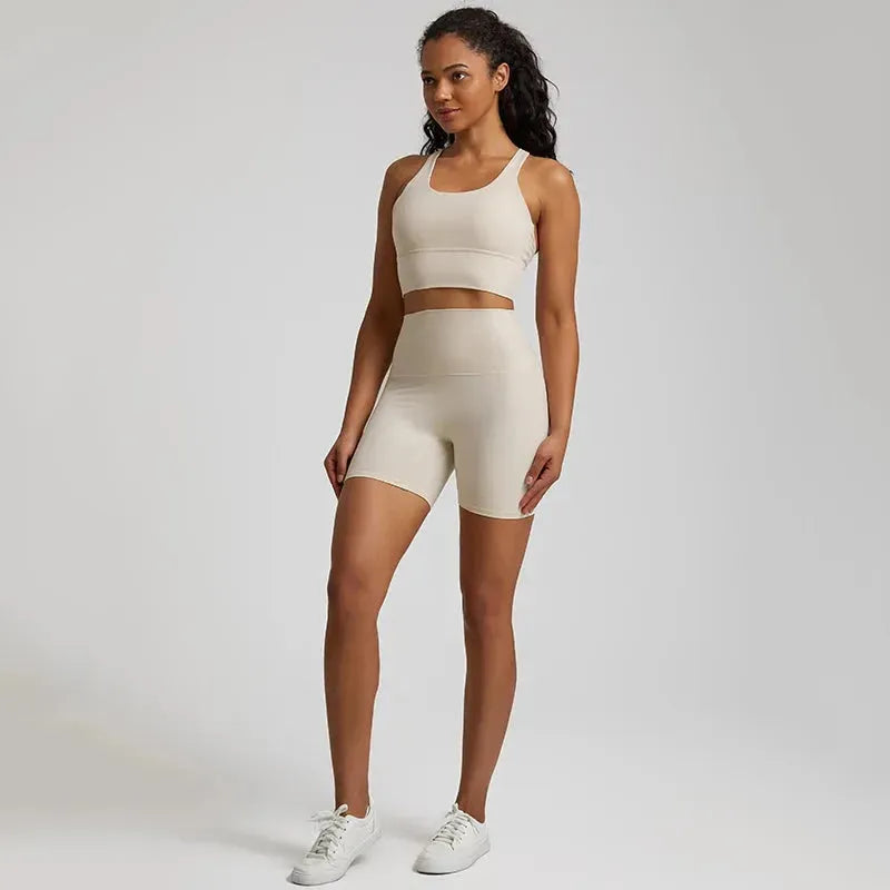 2-Piece Buttery Soft Nylon Yoga Shorts Set for Women - High Waist Workout Outfit with Push-Up Sports Bra - Gym, Running & Lounge Wear - Comfortable Athletic Tracksuit for Yoga, Pilates & Home Exercise