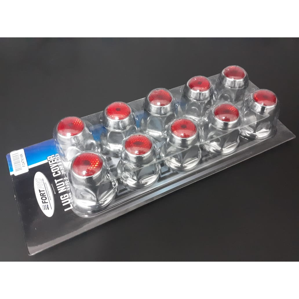 Fortpro 33mm x 2 1/8 Inch Chrome Push-On Nut Covers with Red Top Reflector - 10 Pack (F247616 R 10QTY) | Durable Wheel Nut Caps for Trucks, Trailers & RVs - Perfect for Nighttime Safety & Vehicle Customization
