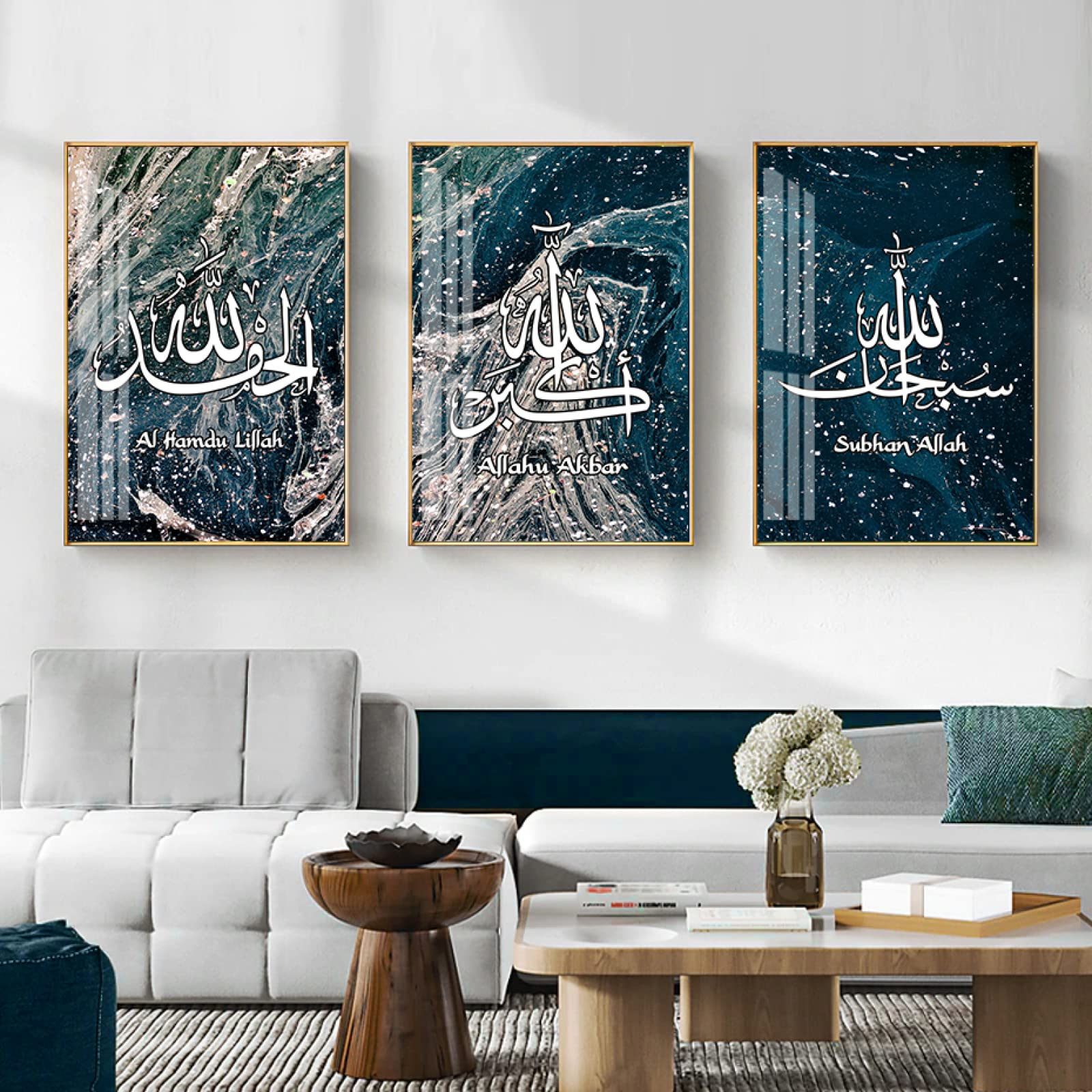 3 Piece Islamic Wall Art Canvas - Allahu Akbar Calligraphy in Marble Blue, Framed Poster Prints 16x24 Inch, Perfect for Living Room & Home Decor - Ideal for Muslim Households, Mosques and Spiritual Spaces