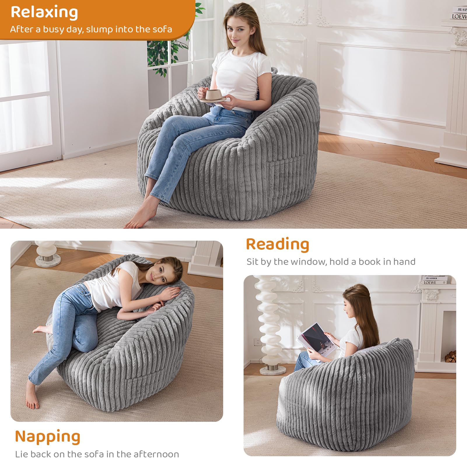 MAXYOYO Bean Bag Chair with Handle & Pocket - Soft Floor Sofa for Living Room, Bedroom, Dorm - Comfortable Grey Lounge Chair for Relaxing, Reading & Gaming