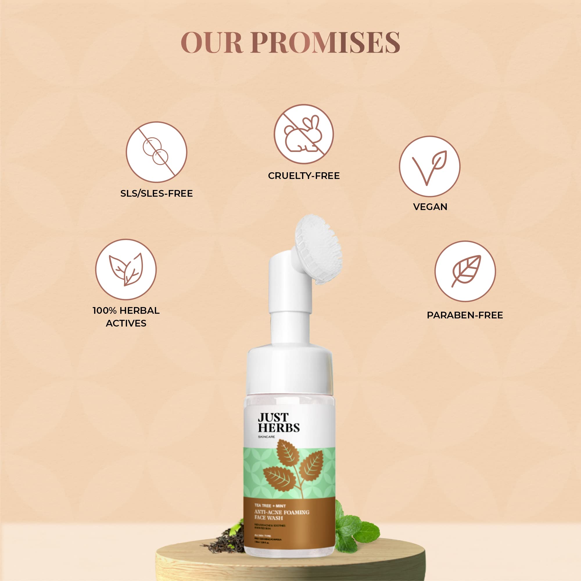 Just Herbs Anti Acne Foaming Face Wash for Men & Women - Tea Tree & Mint Oil Control, Glowing Skin Cleanser with Brush (100ml) - Perfect for Daily Skincare Routine & Acne-Prone Skin