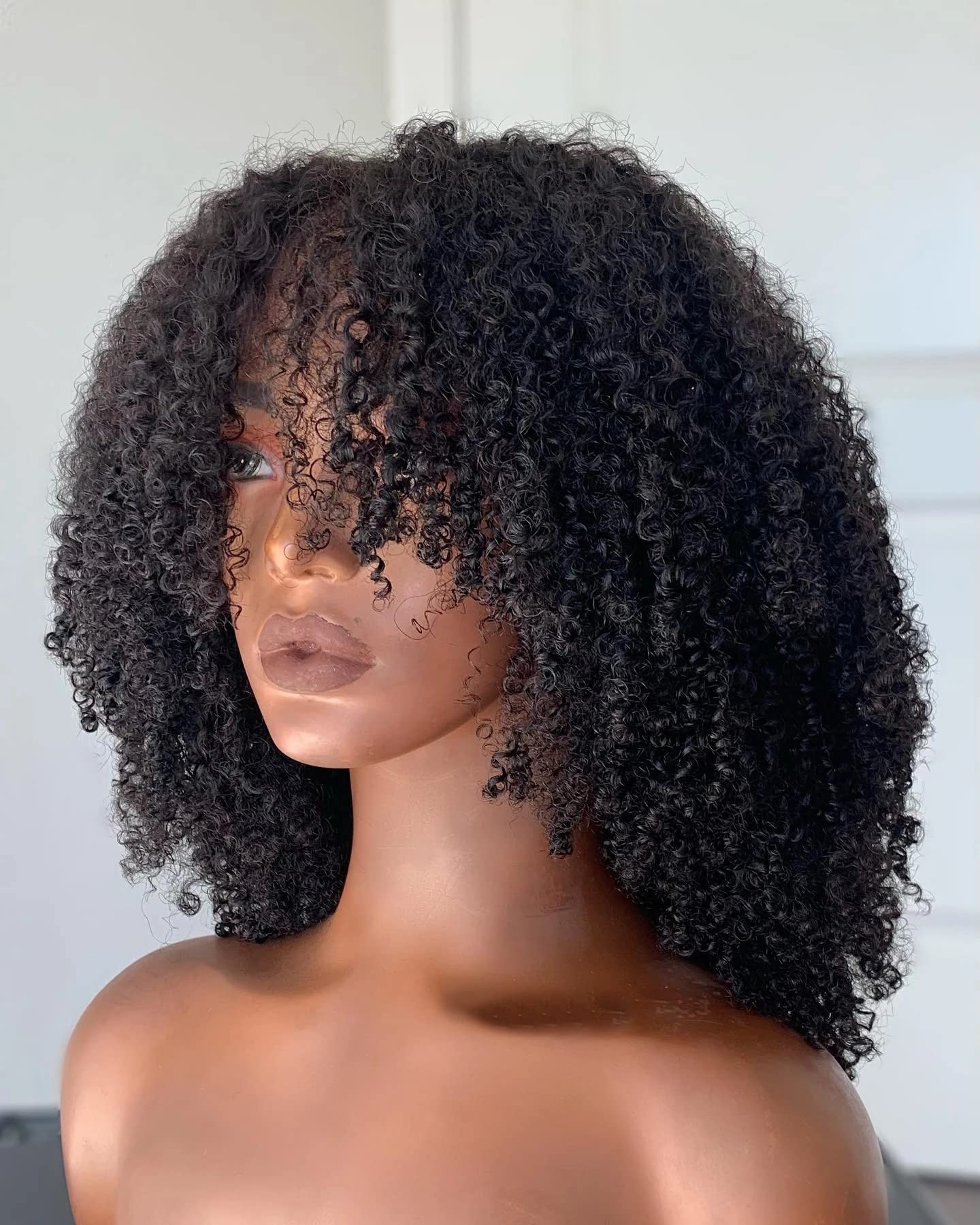 200 Density Afro Kinky Curly Human Hair Wig - Virgin Brazilian Short Kinky Curly Machine Made Wig with Bangs - Natural Color 22 Inch - Perfect for Daily Wear, Cosplay & Protective Hairstyles