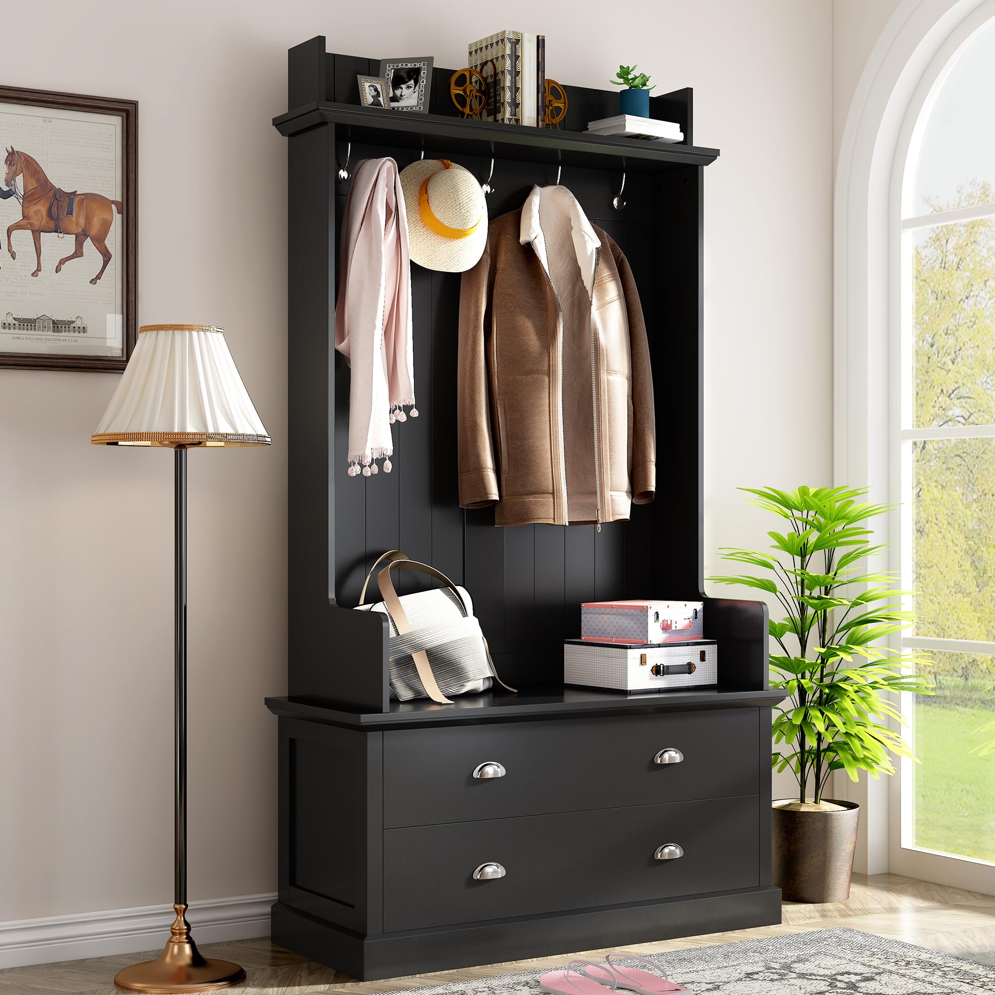 Polibi Hall Tree Storage Bench with 5 Metal Hooks & 2 Large Drawers - Entryway Coat Rack Organizer with Metal Handles, Black - Perfect for Mudroom, Foyer & Small Space Organization