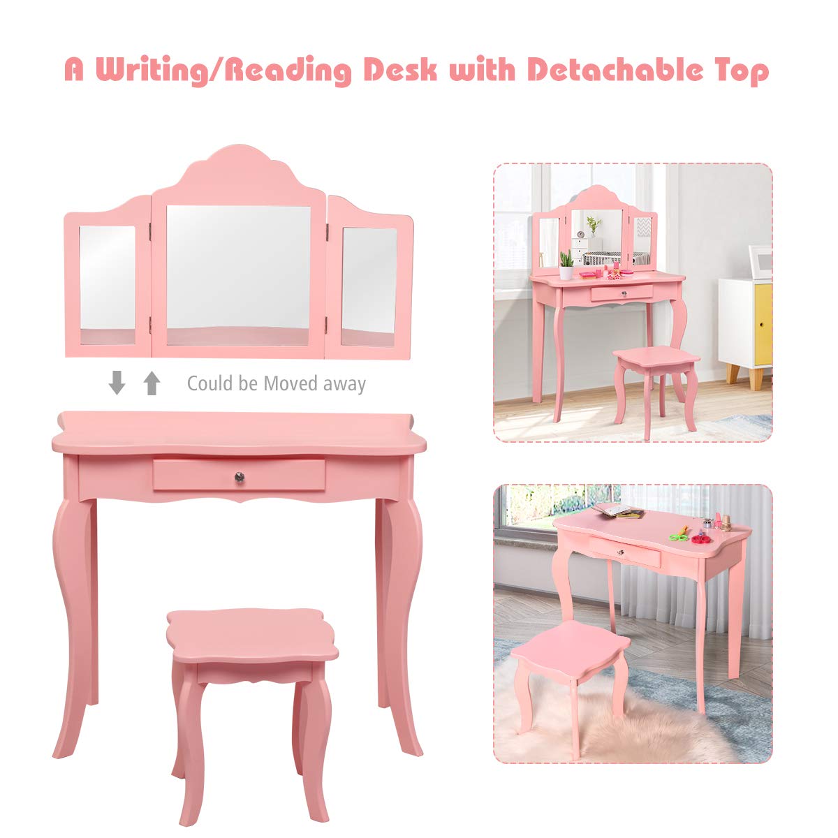 Costzon Kids Wooden Vanity Table & Stool Set - 2 in 1 Detachable Design with Dressing Table & Writing Desk, Princess Makeup Vanity with 180° Folding Mirrors for Girls (Pink) - Perfect for Bedroom Decor, Pretend Play & Gift for Toddlers