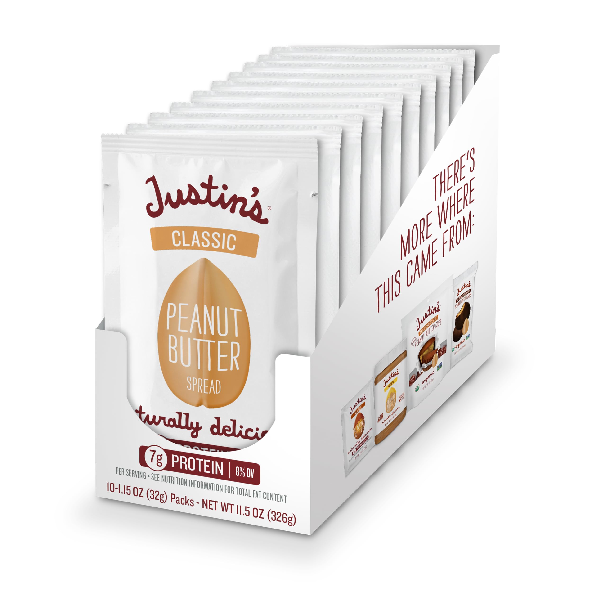 Justin's Classic Peanut Butter Squeeze Packs - 10 Count (1.15oz Each) | Gluten-Free, Non-GMO, 2-Ingredient Peanut Butter | Perfect for On-The-Go Snacks, Lunch Boxes, Hiking & Camping Trips