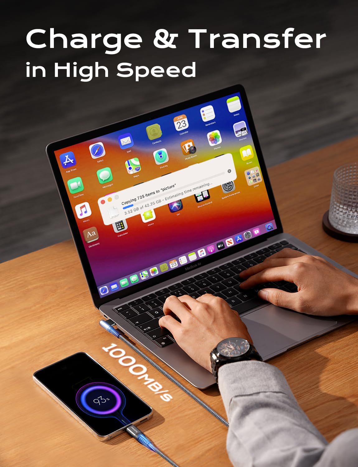 AINOPE 100W USB C to USB C Fast Charging Cable - Durable Right Angle Charger Cord for iPhone 16/Pro Max/Plus, MacBook, iPad Pro, Samsung Galaxy - 1.5FT Grey - Perfect for Travel, Office & Home Charging