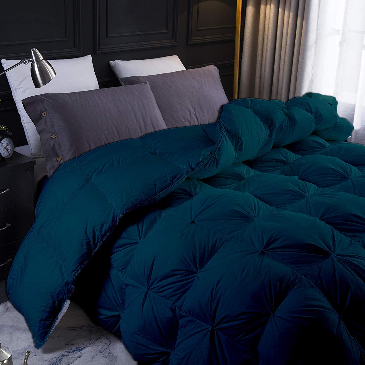600 GSM All-Season 3-Piece Quilted Pinch Pleated Comforter Set - 100% Cotton Duvet Insert with 2 Pillowcases (Oversized Queen, Teal Green) for Cozy Bedroom Decor & Luxury Hotel-Style Comfort