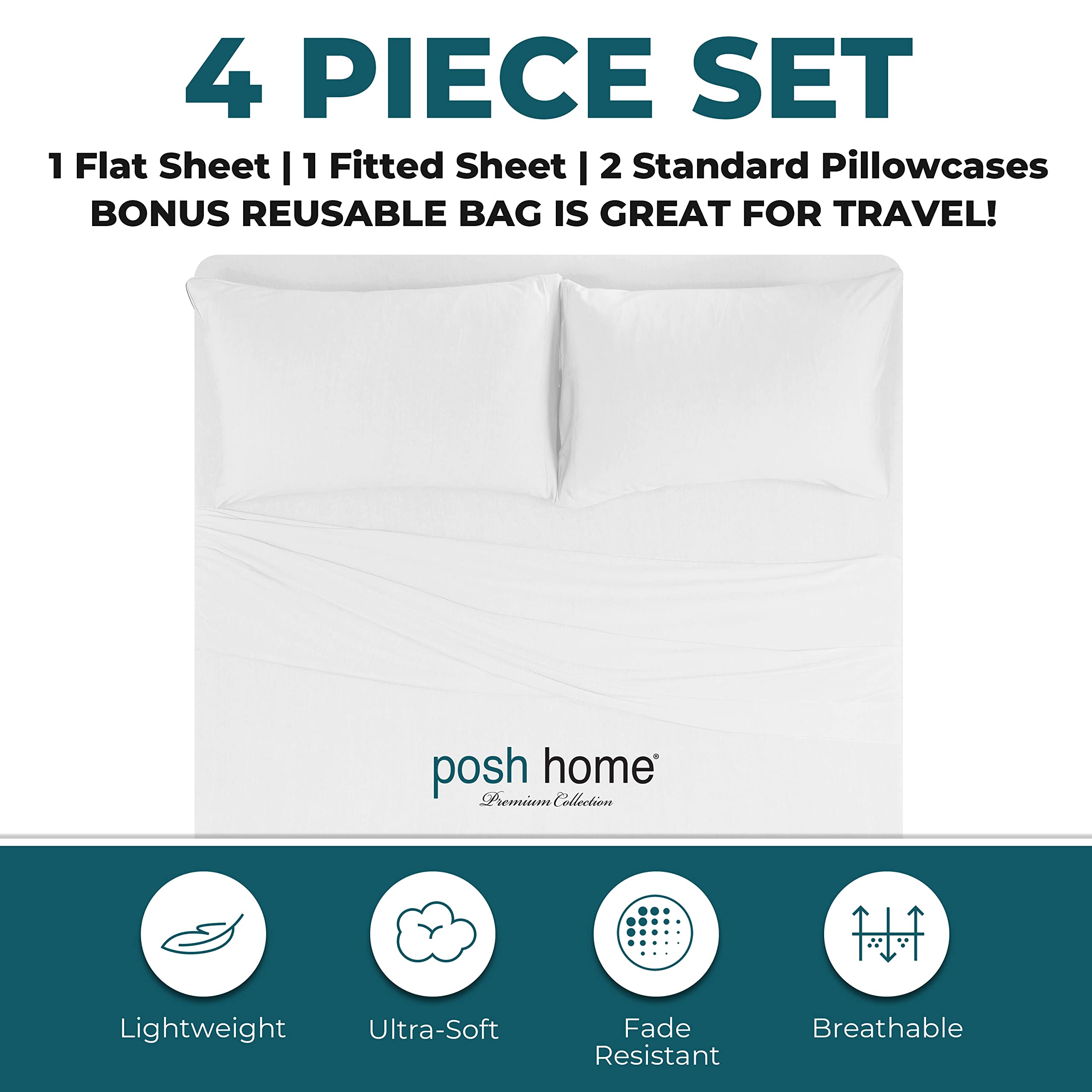 Posh Home 4-Piece Jersey Knit Sheet Set - Soft & Breathable T-Shirt Cotton Bed Sheets - Includes Flat Sheet, Fitted Sheet & 2 Pillowcases - Full Size, White - Perfect for Cozy Nights & Comfortable Sleep