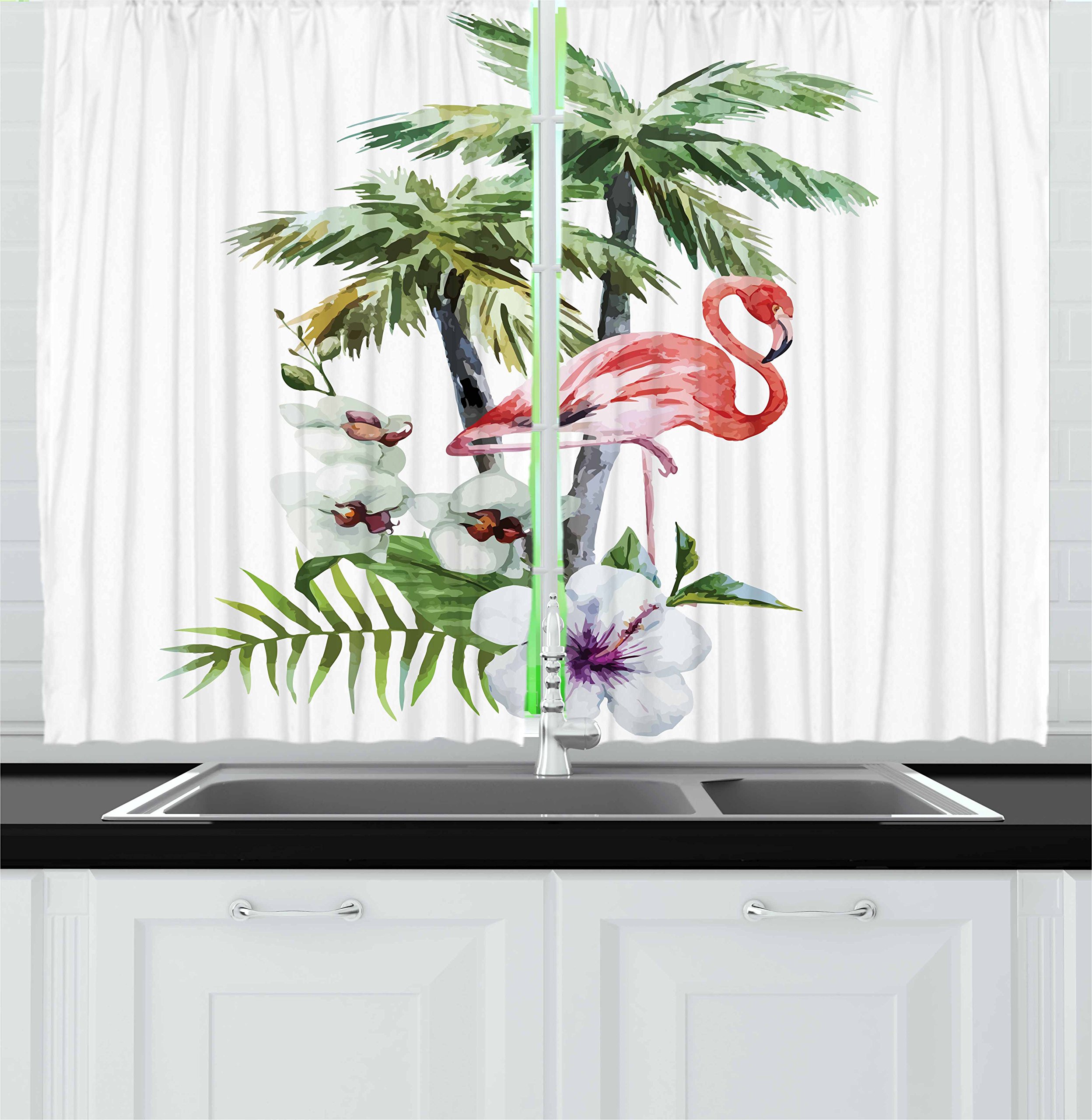 Ambesonne Flamingo & Tropical Leaves Kitchen Curtains - Watercolor Hawaiian Hibiscus Print Window Drapes 2 Panel Set for Kitchen & Cafe Decor, 55