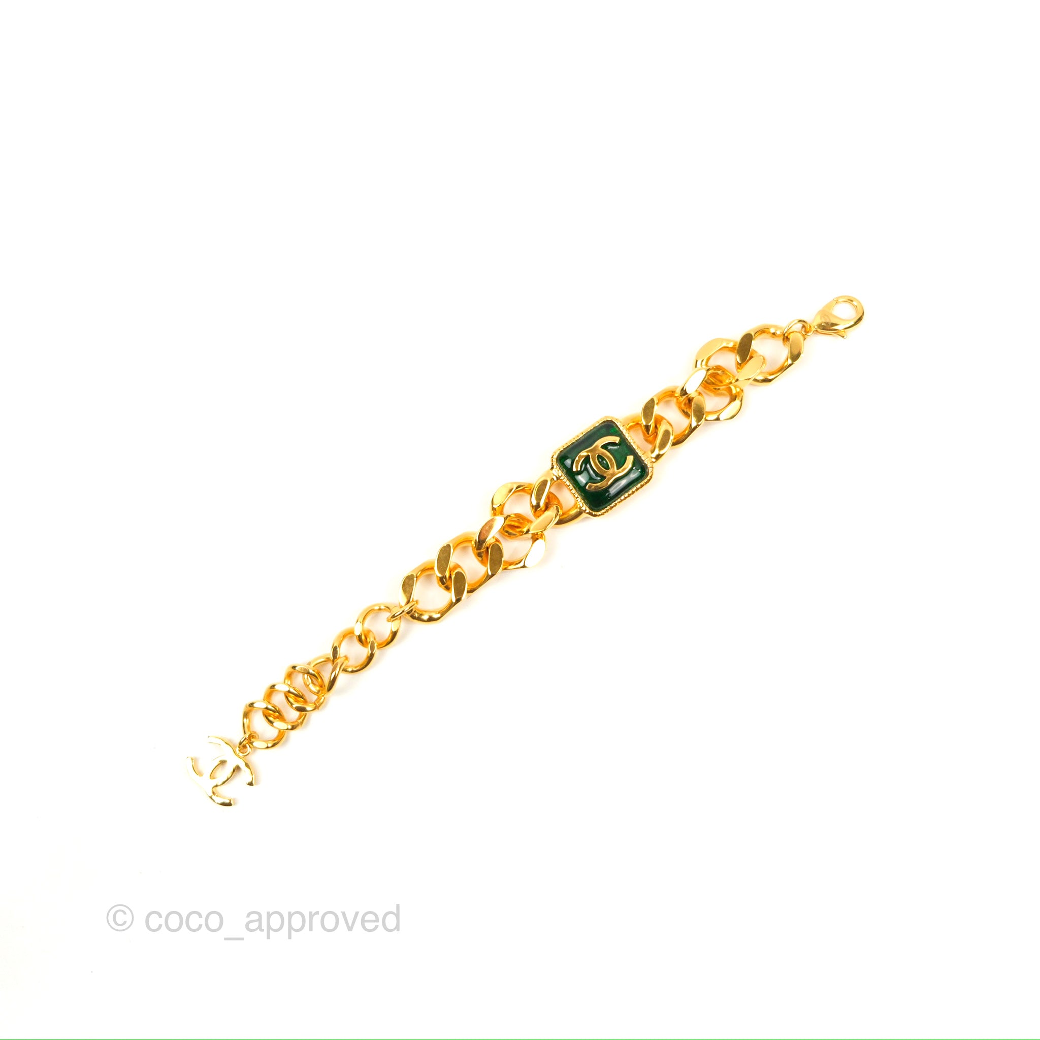 Chanel Chain CC Green Resin Bracelet in Gold Tone 20K - Elegant Fashion Jewelry for Women, Perfect for Parties, Weddings & Special Occasions