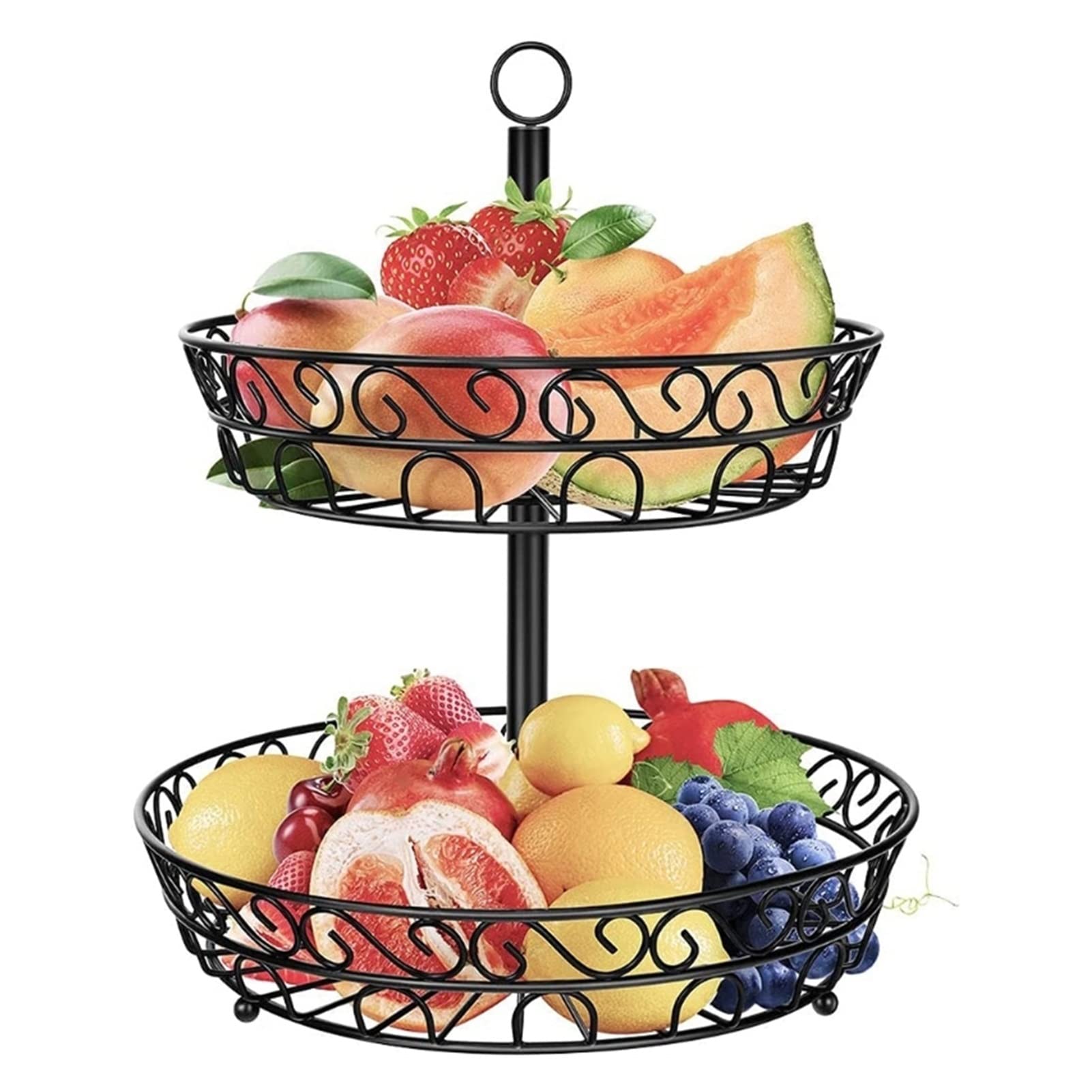 2-Tier Vintage Metal Fruit Basket with Detachable Stand - Hollow Out Design for Countertop Display - Perfect for Fruits, Snacks, and Party Serving (Black)