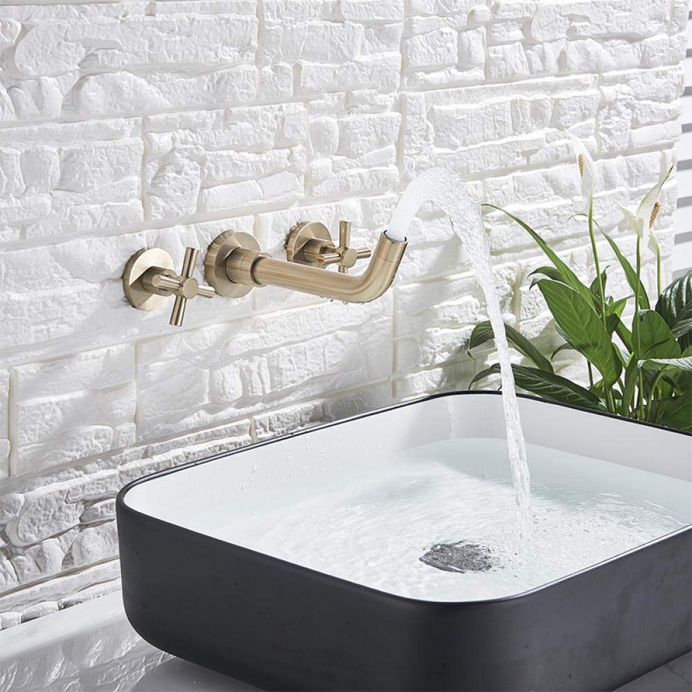 Brushed Gold Wall Mounted Bathroom Sink Faucet - Double Handle Hot and Cold Mixer Tap for Modern Bathroom Vanity | Perfect for Small Spaces and Powder Rooms