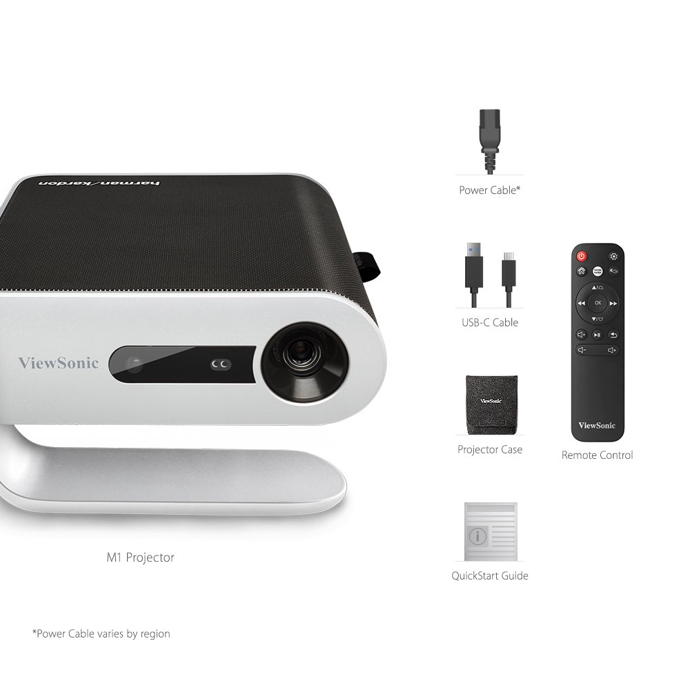 ViewSonic M1 Portable LED Projector with Auto Keystone | 1080P HD Projector | Dual Harman Kardon Speakers | HDMI & USB-C | Netflix Streaming Compatible | Perfect for Home Theater, Outdoor Movies & Business Presentations