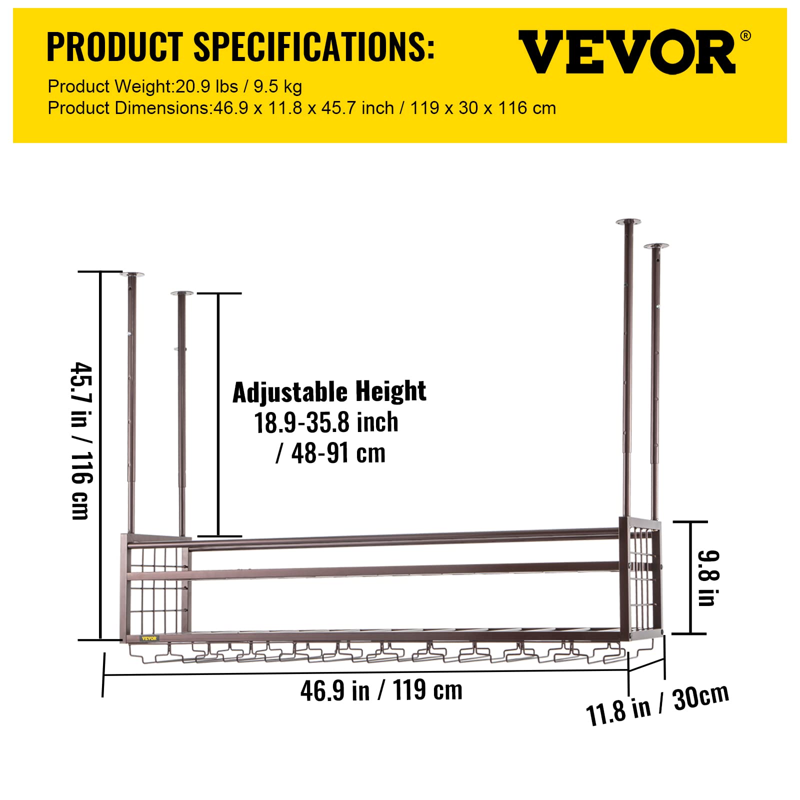 VEVOR Adjustable Hanging Wine Glass Rack - 46.9 x 11.8 Inch Wall-Mounted Copper Wine Rack Cabinet with 18.9-35.8 Inch Height Adjustment - Perfect for Bars, Restaurants, Kitchens & Home Wine Storage Organization