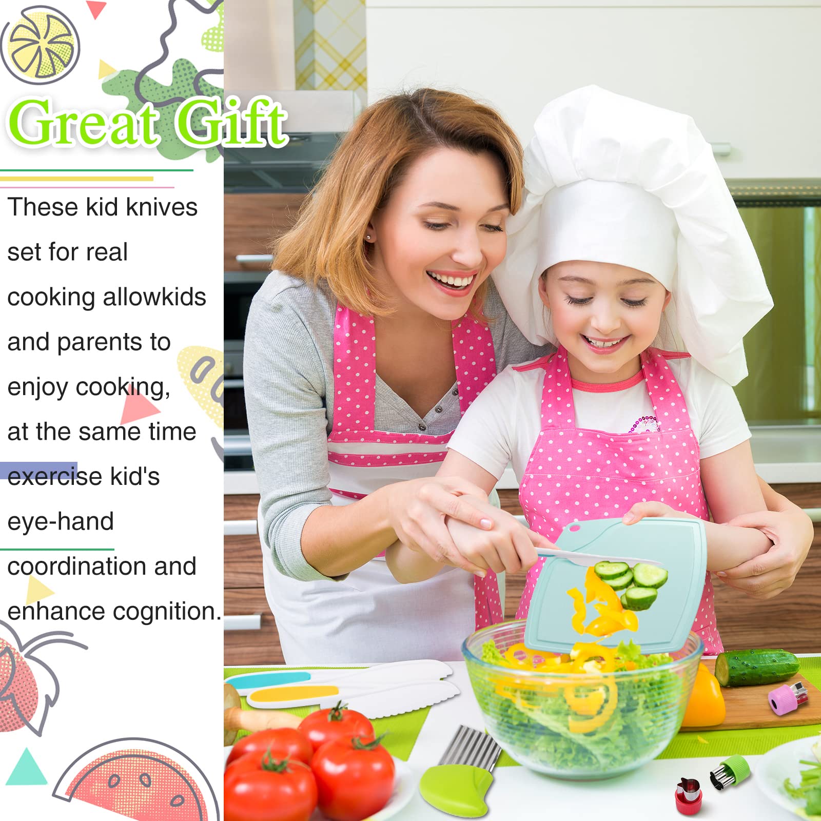11PCS Kids Knife Set - Safe Toddler Cooking Knives with Serrated Edges & Cutting Board - Real Kitchen Tools for Children - Perfect for Slicing Fruits, Vegetables and Cooking Activities