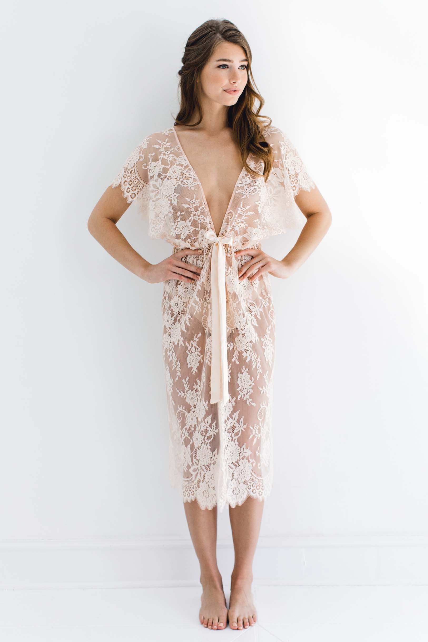 Margot Midi Lace Kimono Robe - Blush Pink Women's Lace Cover Up | Perfect for Bridal Shower, Honeymoon & Spa Day