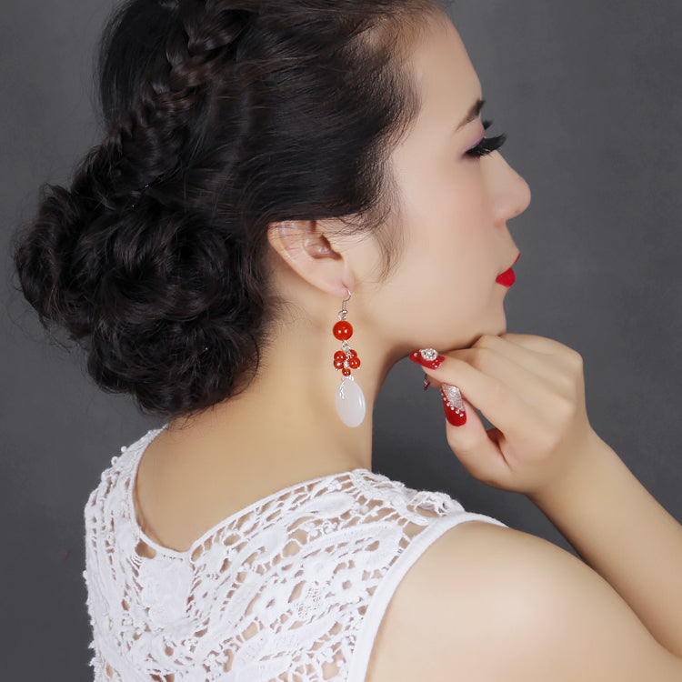 Clip On Dangle Jade Earrings for Women - Non Pierced Fake Earrings for Sensitive Ears - Elegant Jewelry Gift for Party, Wedding & Special Occasions