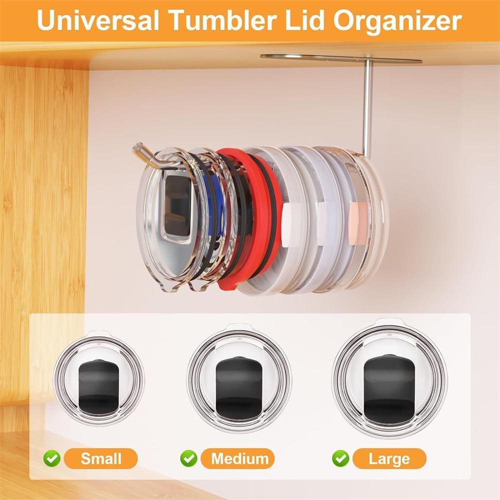 2 Pack Tumbler Lid Organizer - Space Saving Cup Lid Holder for Yeti, Stanley & All Tumblers - Self-Adhesive or Drill Hook Options - Perfect for Kitchen Cabinet, Pantry & RV Storage Organization