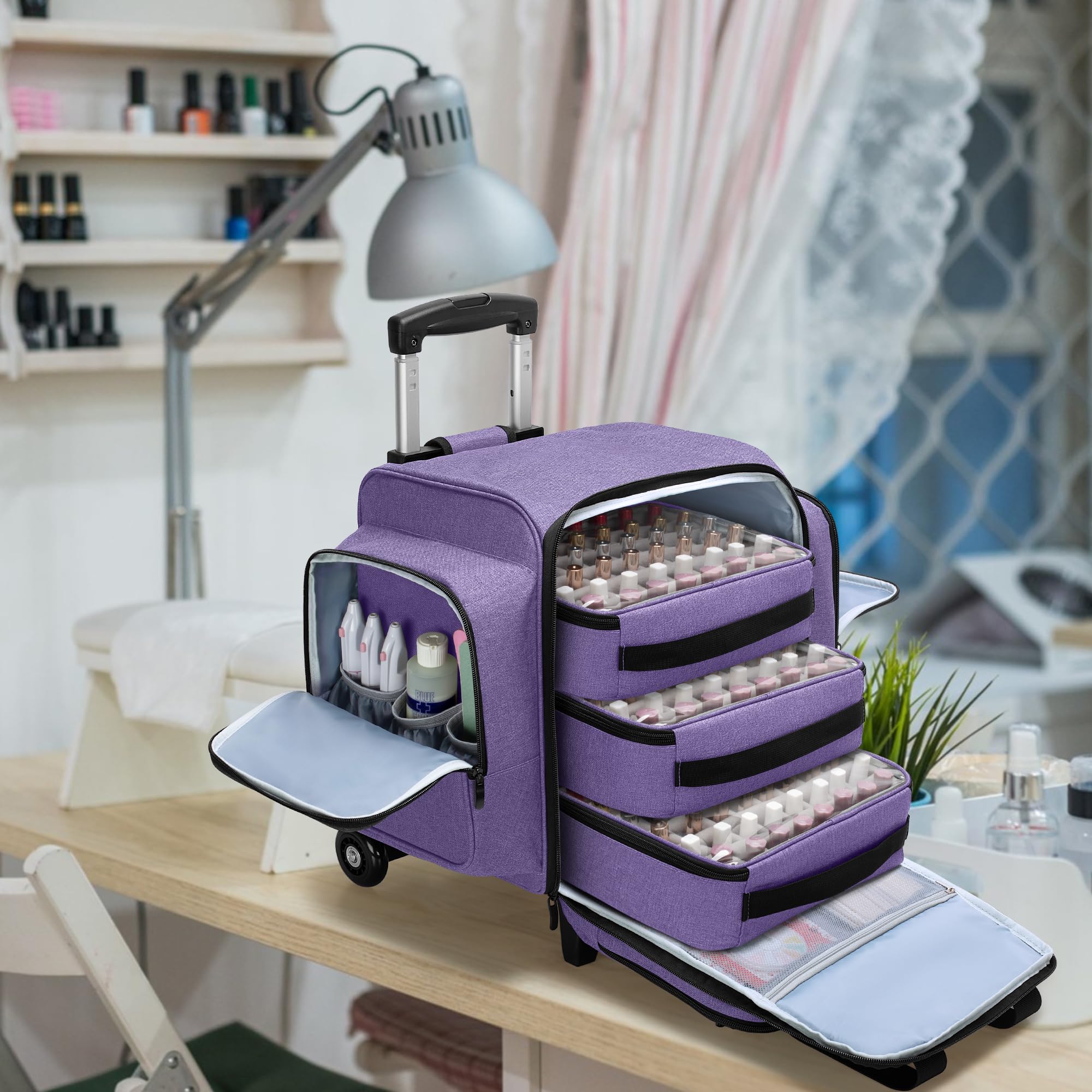 BAFASO Rolling Nail Polish Organizer Holds 144 Bottles - Portable Nail Polish Storage Case with Detachable Dolly & 3 Removable Trays (Patented Design, Purple) - Perfect for Salon, Home & Professional Nail Technicians