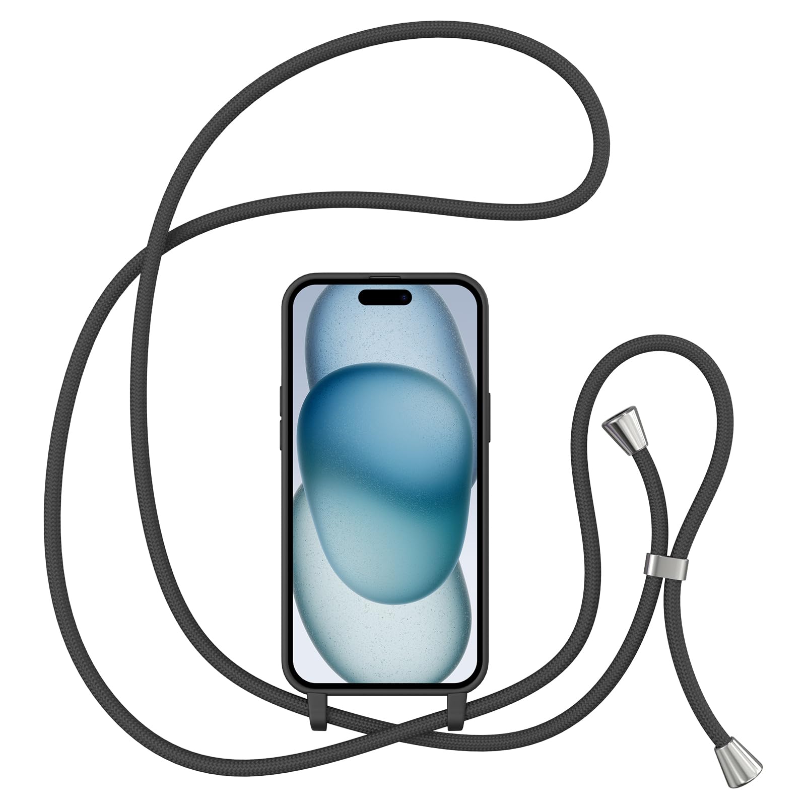 ZTOFERA Shockproof Silicone iPhone 15 Case with Adjustable Crossbody Strap - 6.1 Inch Protective Phone Cover with Neck/Shoulder Lanyard (Black) - Perfect for Travel, Shopping & Hands-Free Daily Use
