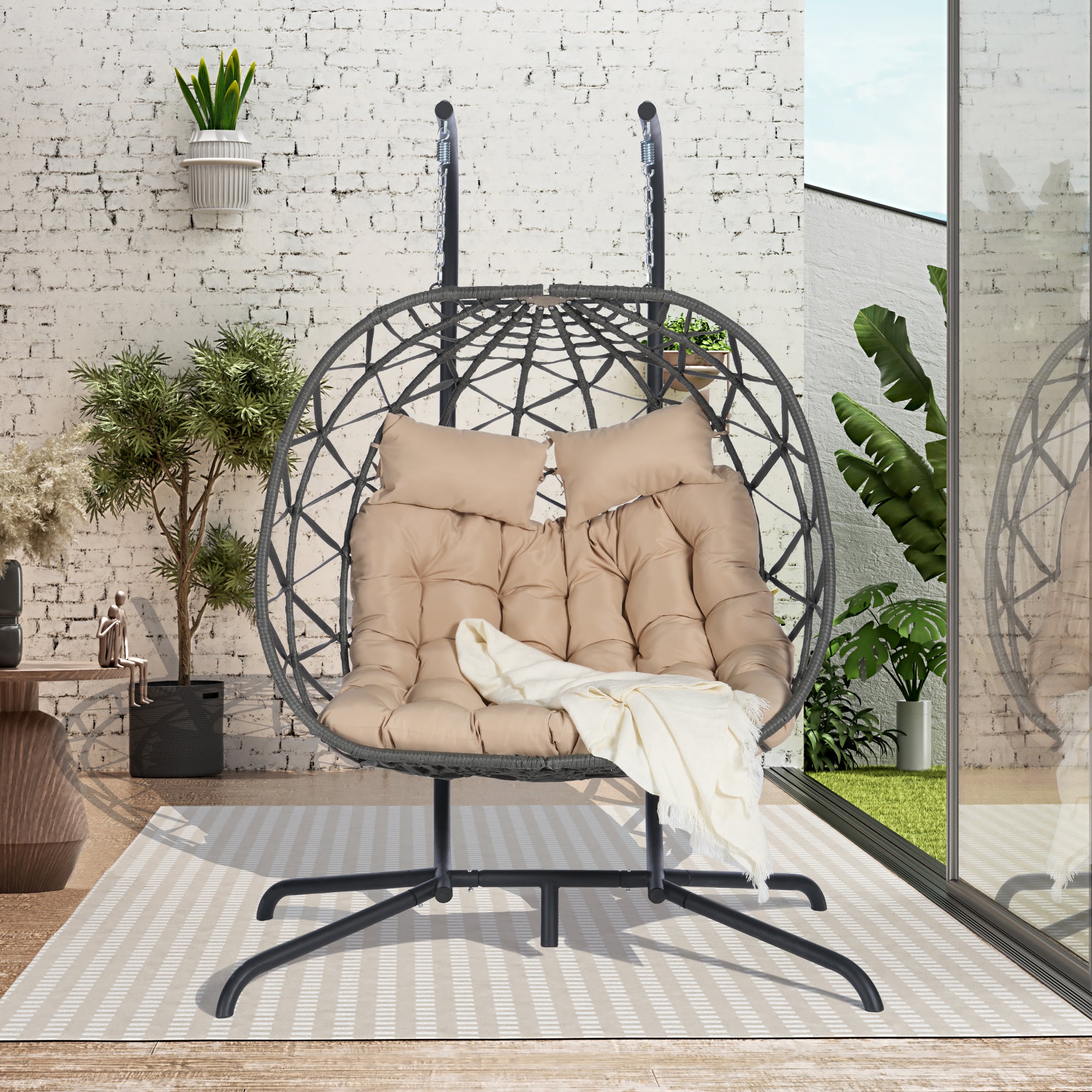 Double Egg Chair with Stand - Hanging Indoor/Outdoor Wicker Rattan Swing Chair with UV-Resistant Cushions (600 lb Capacity) - Perfect for Bedroom, Balcony, Patio & Garden Relaxation