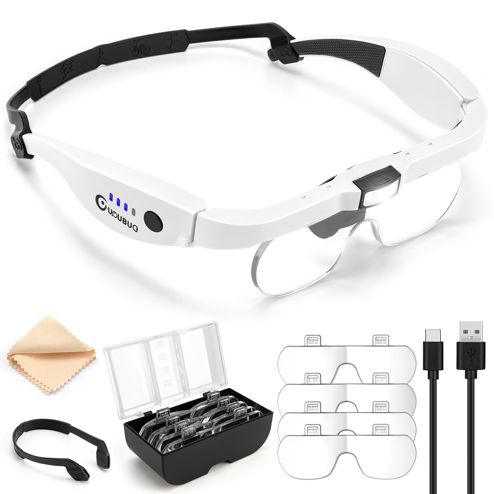 Rechargeable Magnifying Headset with LED Light - 1.5X to 5.0X Adjustable Magnification, 4 Detachable Lenses for Jewelry Making, Watch Repair, Reading & Crafting | Hands-Free Illuminated Magnifier for Detailed Work