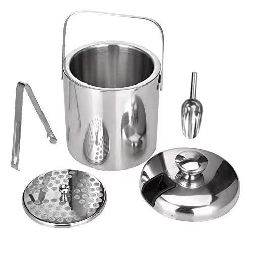 Premium Stainless Steel Ice Cube Container - 1.3L Double Walled Insulated Ice Bucket with Tongs, Lid & Metal Scoop - Perfect for Cocktails, Parties & Home Bar Accessories