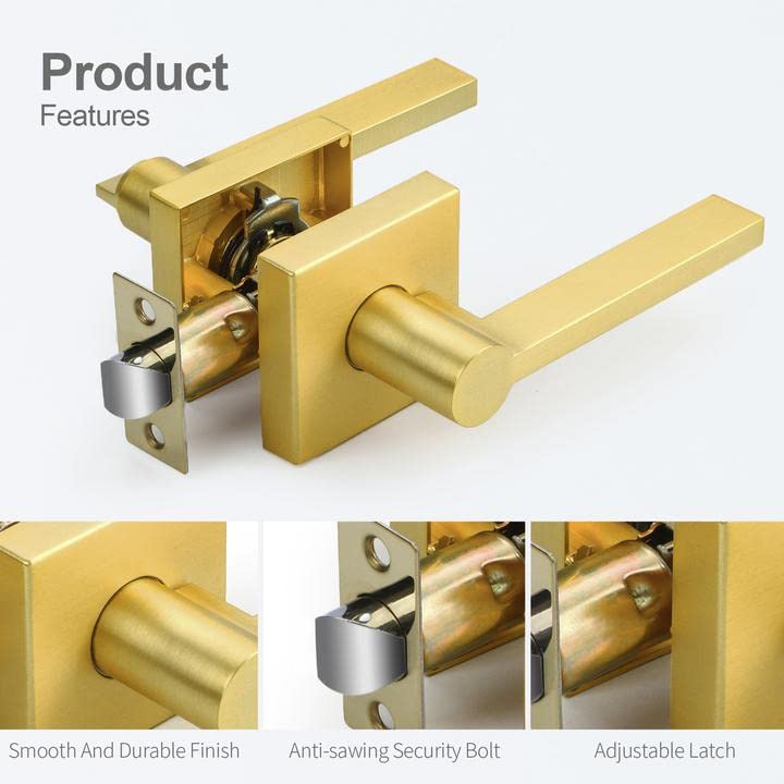 3 Pack Satin Brass Slim Door Lever Handles - Heavy Duty Passage Function for Closet & Interior Doors (Left/Right Handed) - Perfect for Bedrooms, Bathrooms & Cabinets