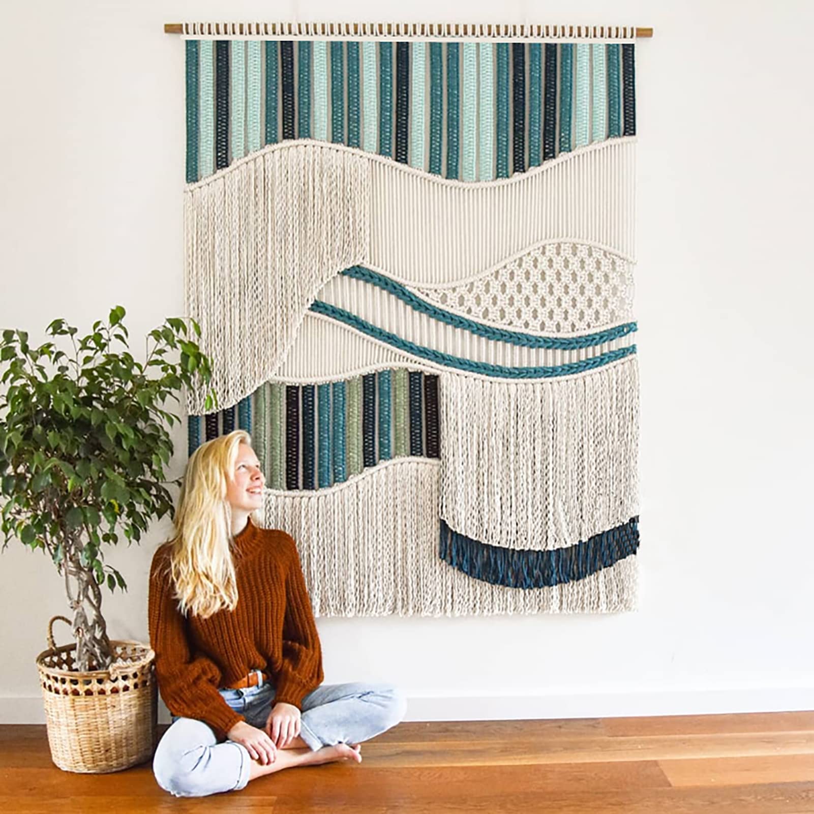 SSLW Large Macrame Wall Hanging Leaf - Bohemian Woven Tapestry with Tassels, Geometric Wall Art Decor for Home & Apartment | Perfect for Living Room, Bedroom, Dorm or Wedding Decor