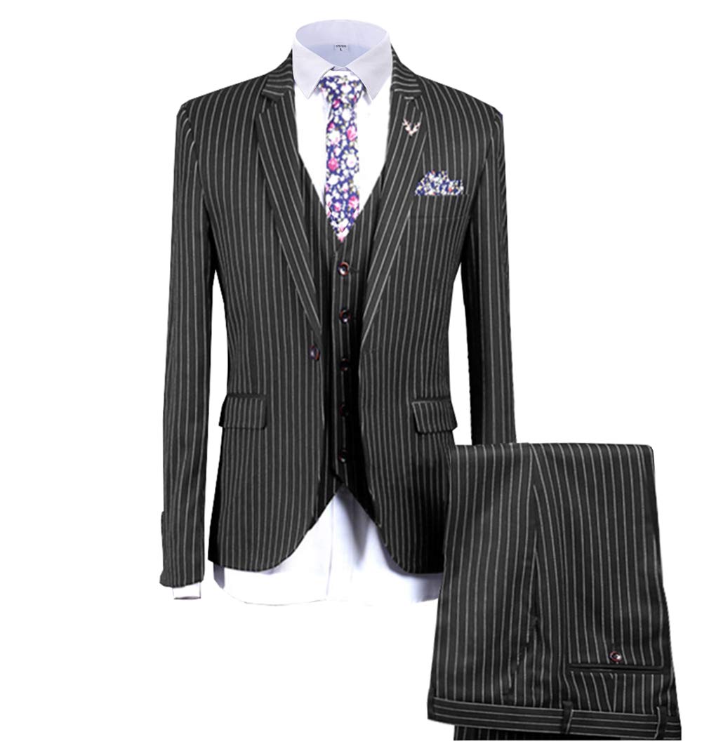 Men's 3-Piece Slim Fit Pinstripe Suit Set - Formal Business Tuxedo with Notch Lapel for Wedding & Special Occasions (Blazer, Vest, Pants) - Perfect for Grooms, Business Meetings & Black Tie Events
