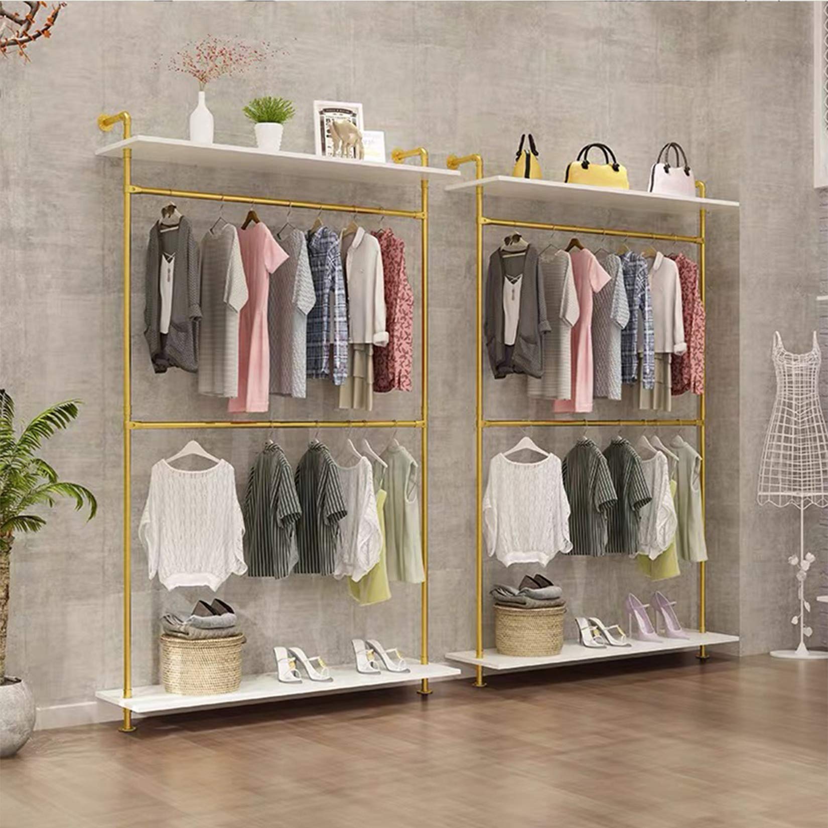 Modern Industrial Pipe Double Hanging Rods Clothing Rack - 2 Tier Wood Garment Shelf with Wall Mount (47.2