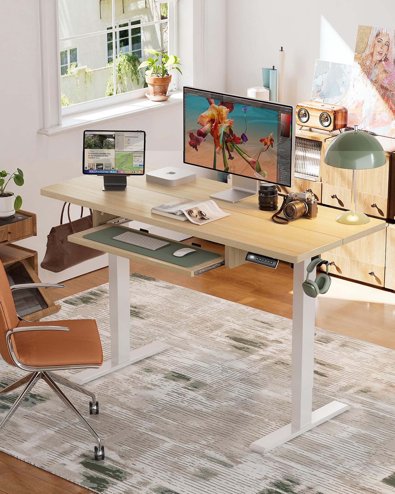 Marsail Electric Standing Desk with Ergonomic Keyboard Tray - 55 x 24 Inch Adjustable Height Desk (27.5” to 46.7”) - 4 Memory Presets, Smooth & Quiet Lifting - Perfect for Home Office, Gaming Setup, and Workspace Ergonomics - Model TZESD15Modern