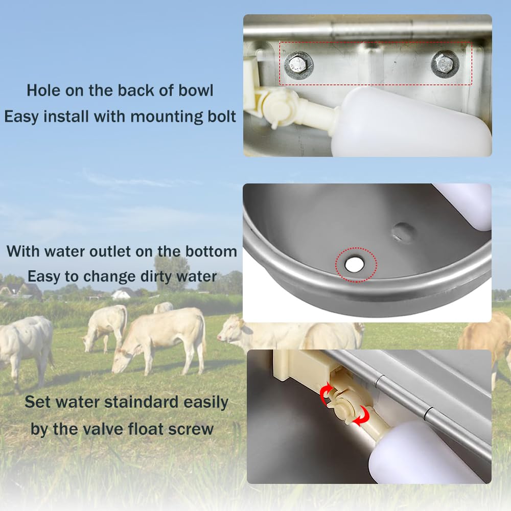 304 Stainless Steel Livestock Water Bowl with 39.37 Inch Pipe - Automatic Float Valve Farm Water Feeder for Horses, Cows, Goats, Sheep & Dogs - Durable Outdoor Animal Watering Solution for Barns, Pastures & Farms