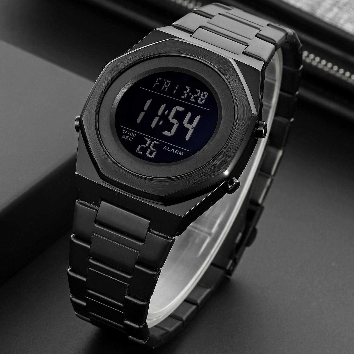 Premium Stainless Steel Digital Men's Watch - Hexagon Designer Waterproof Watch with Alarm, Date & LED Light - Ideal for Casual, Business & Outdoor Activities