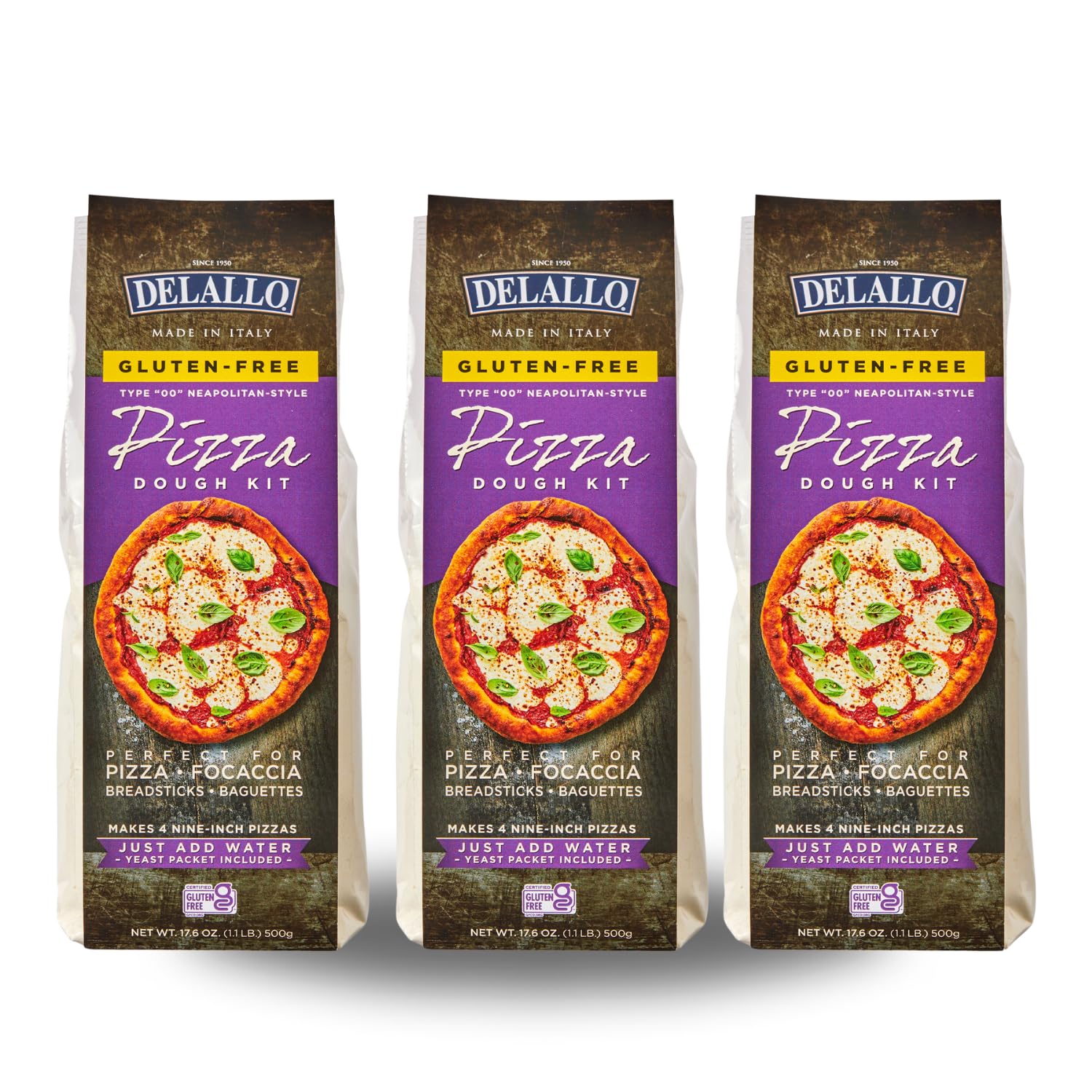 DeLallo Gluten Free Pizza Dough Mix Kit - 17 Oz (3 Pack) | All Purpose Flour for Baking Pizza Crust, Bread & Calzones | Vegan, Dairy Free, All Natural Ingredients | Perfect for Home Baking & Italian Cooking