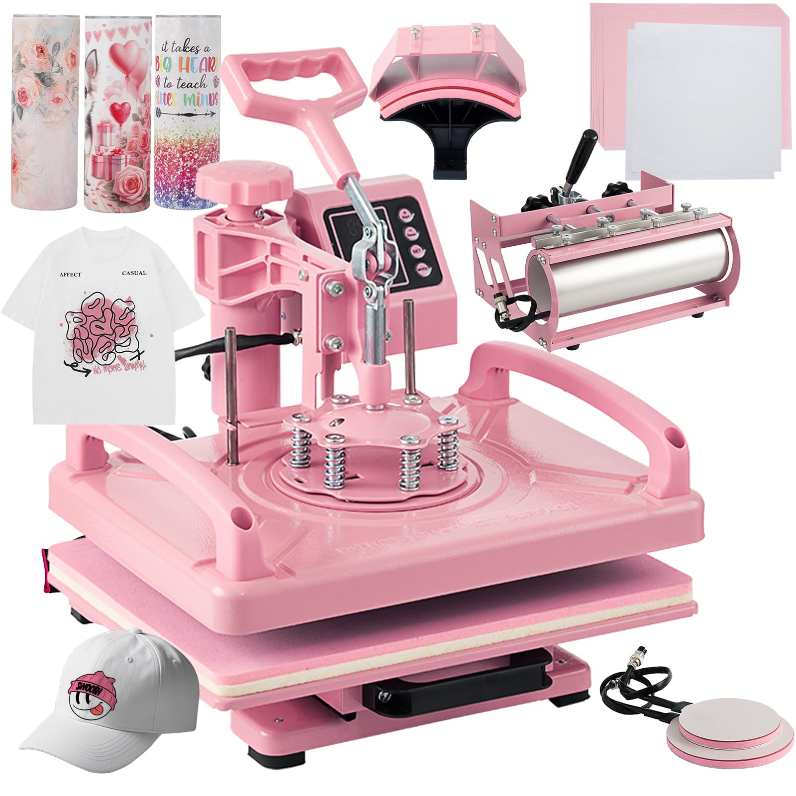 5 in 1 Heat Press Machine 12x15 Inch - Digital T-Shirt, Hat, Mug & Plate Heat Transfer Press with 360° Swing Away & 30OZ Tumbler Press (Pink) - Perfect for DIY Crafts, Custom Apparel & Sublimation Printing Projects