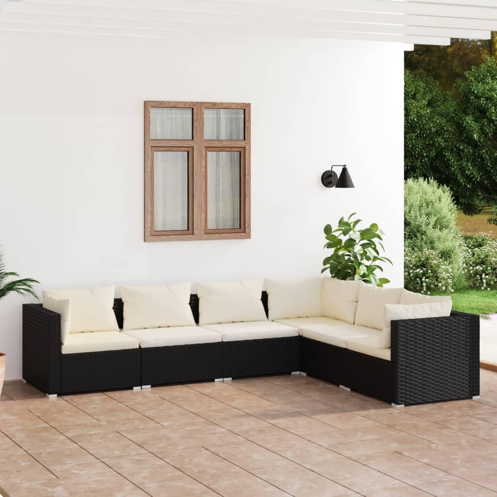 6-Piece vidaXL Patio Lounge Set - Outdoor Garden Furniture with Cushions, Black Poly Rattan Sectional Sofa for Backyard, Poolside & Patio Relaxation